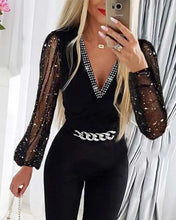 Load image into Gallery viewer, Deep V Neck Mesh Long Sleeve Jumpsuit One Piece Overall Women Black Elegant
