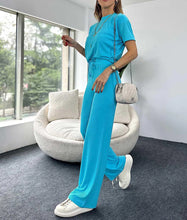 Load image into Gallery viewer, Spring Women&#39;s Sports Suit Blue Short Sleeve T-shirt Tracksuit Two-piece Set Sagging Wide Leg Trouser Home Suit
