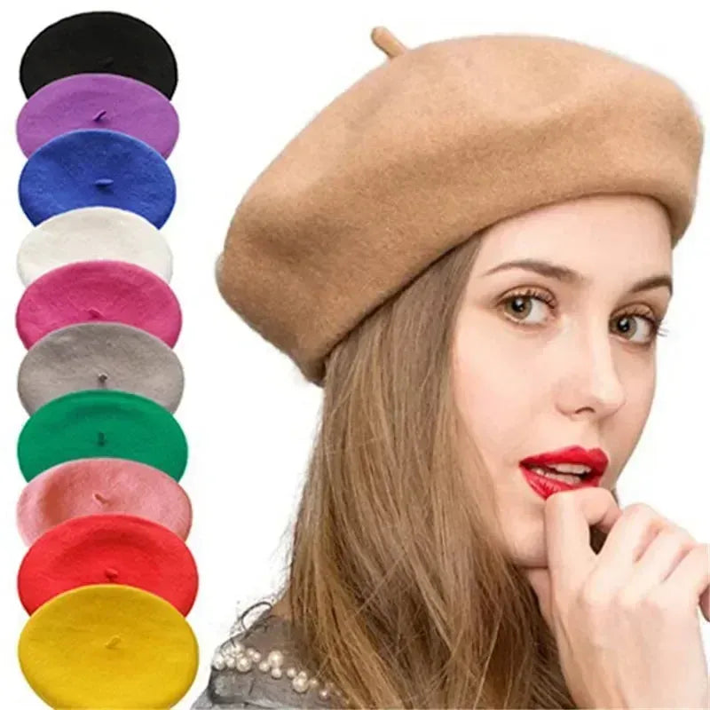 Women Wool Berets French Artist Style Warm Winter Beanie Hat Retro Plain Beret Solid Color Elegant Lady All Matched Autumn Caps - Shop & Buy