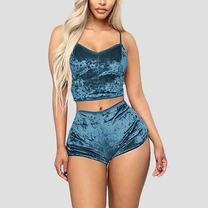 Women's Velvet Polyester Comfortable V-neck Underwear Setcamisole+shorts Pajamas Set - Shop & Buy