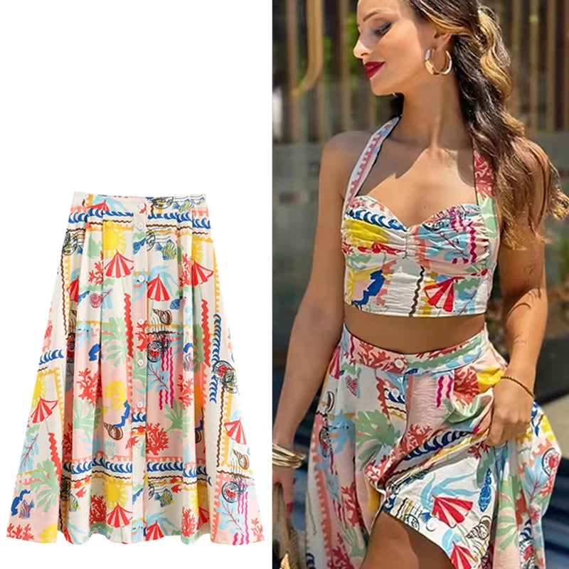 Ruffled Print Halter Top Women Patchwork Sleeveless Crop Vest Summer Fashion Ladies Backless Tank Top