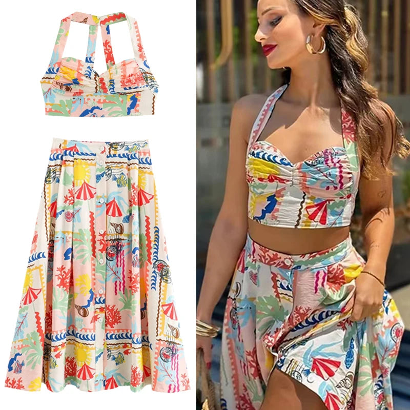 Ruffled Print Halter Top Women Patchwork Sleeveless Crop Vest Summer Fashion Ladies Backless Tank Top