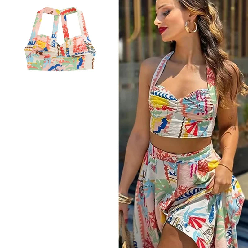 Ruffled Print Halter Top Women Patchwork Sleeveless Crop Vest Summer Fashion Ladies Backless Tank Top