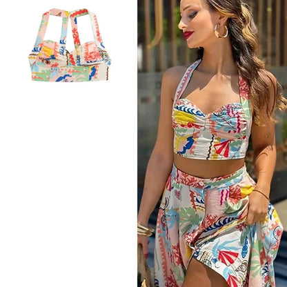 Ruffled Print Halter Top Women Patchwork Sleeveless Crop Vest Summer Fashion Ladies Backless Tank Top