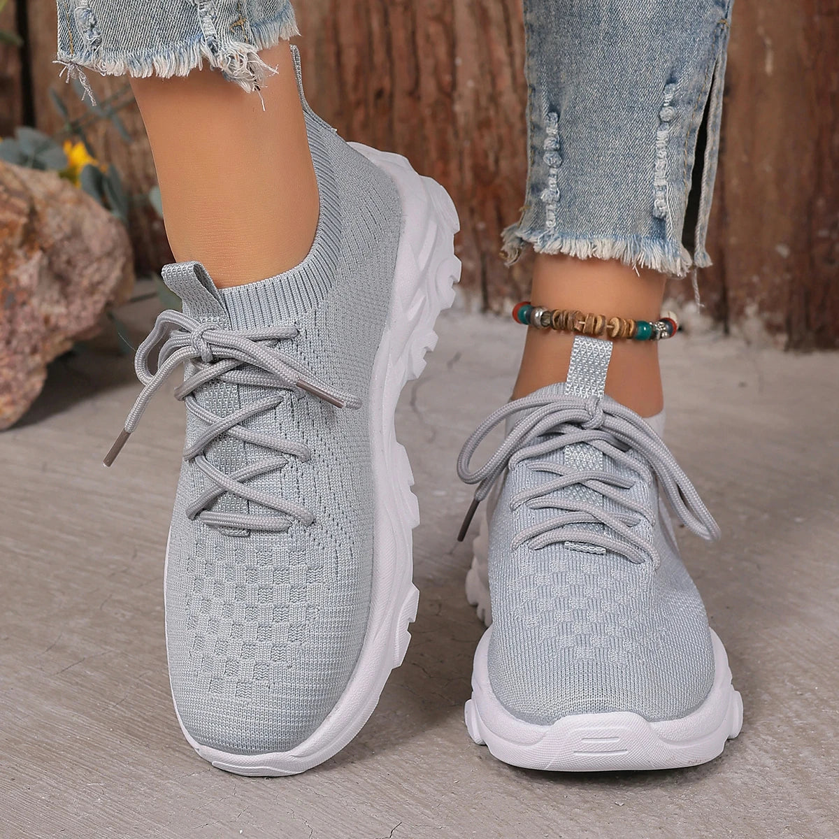 Knitted Chunky Sneakers Women Breathable Solid Color Lace Up Running Sports Shoes Woman Casual Comfy Walking Trainers Plus Size