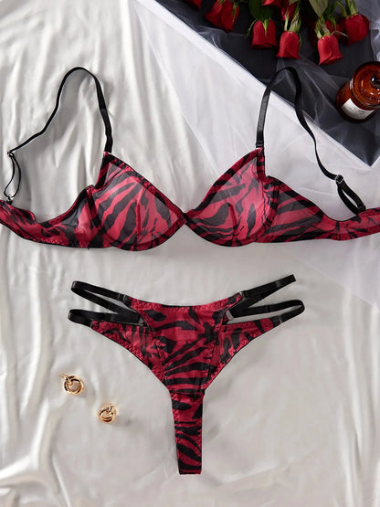 Zebra Mesh Sensual Lingerie Two Pieces Sets Strap Backless Bra+Mini Briefs - Shop & Buy