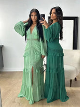 Load image into Gallery viewer, Elegant Hollow Lace Spliced Chiffon Ruffle Long Dress Women Sexy Deep V-neck Lantern Sleeves Maxi Dresses
