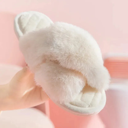 Women's Cross Band White Fur Slippers Winter Warm Plush Soft House Slippers for Women - Shop & Buy