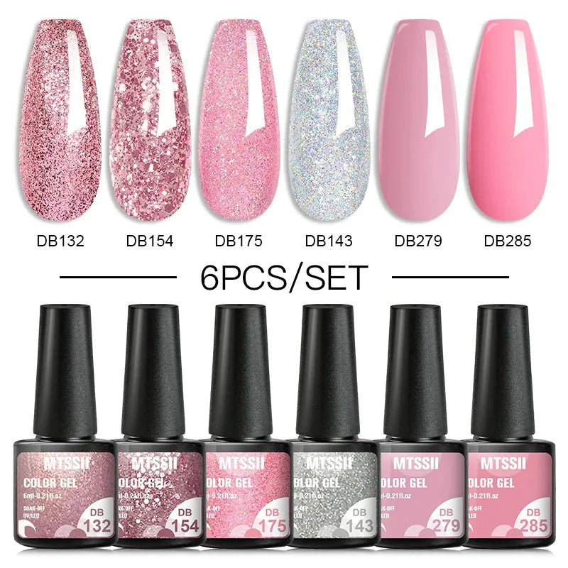 6PCS/Set Red Gel Nail Polish Set Glitter Sequins Semi Permanent Base Matte Top Coat Soak Off LED UV Nail Art Gel Varnish - Shop & Buy