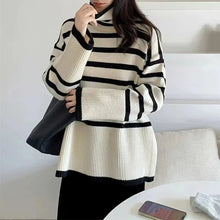 Load image into Gallery viewer, Striped Turtleneck Sweater Women&#39;s Long-sleeved Loose Outer Slit Top Warm Thickened Knit Casual Streetwear
