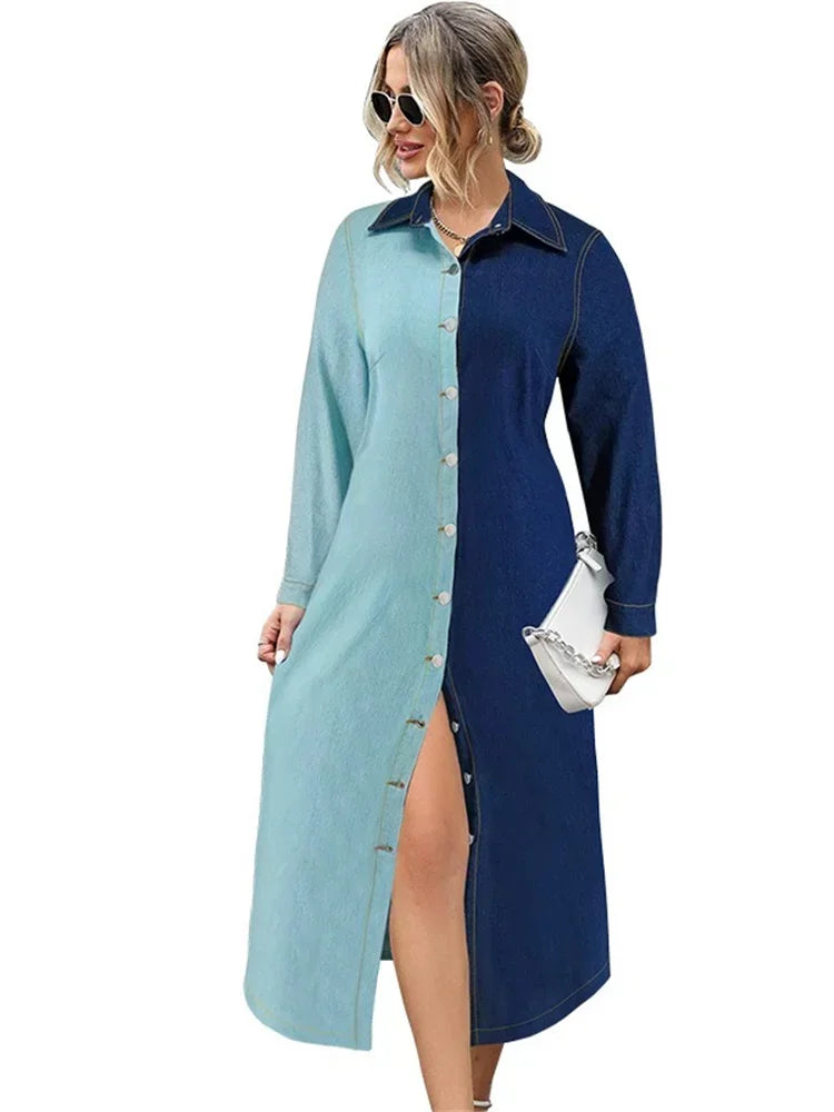 Plus Size Denim Dresses Women Long Sleeve Casual Button Pockets Pathwork Maxi Dress Fall Clothes