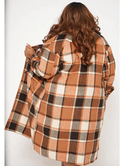 Women Oversized Plaid Blouse with Lapel Collar Long Sleeves Button Closure and Pockets - Stylish and Comfortable