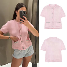 Load image into Gallery viewer, Summer New Ruili Sweet Round Neck Short Sleeve Double Pocket Rhinestone Knitted Cardigan
