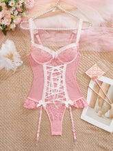 Load image into Gallery viewer, Fancy Lace Bodysuit With Long Stocking Lace Up Onlyfan Body Suit Girly Pink Sexy Dames Sexy Top Sissy Lingerie
