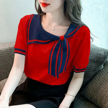 Load image into Gallery viewer, Spring Summer New Fashion Casual Scarf Collar Sweet Knitted T-shirt Female Short Sleeve All-match Pullover Tee
