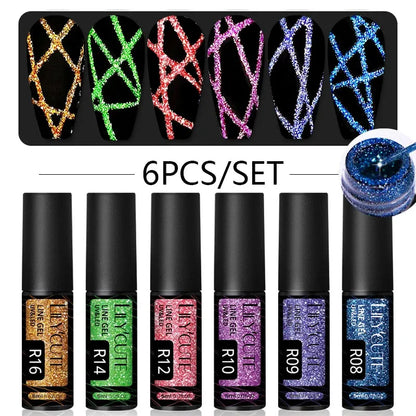 6Pcs/Set Reflective Colorful Liner Gel Nail Polish Kit Sparkling Glitter Flower Drawing Painting Stripe Pull Line Gel - Shop & Buy