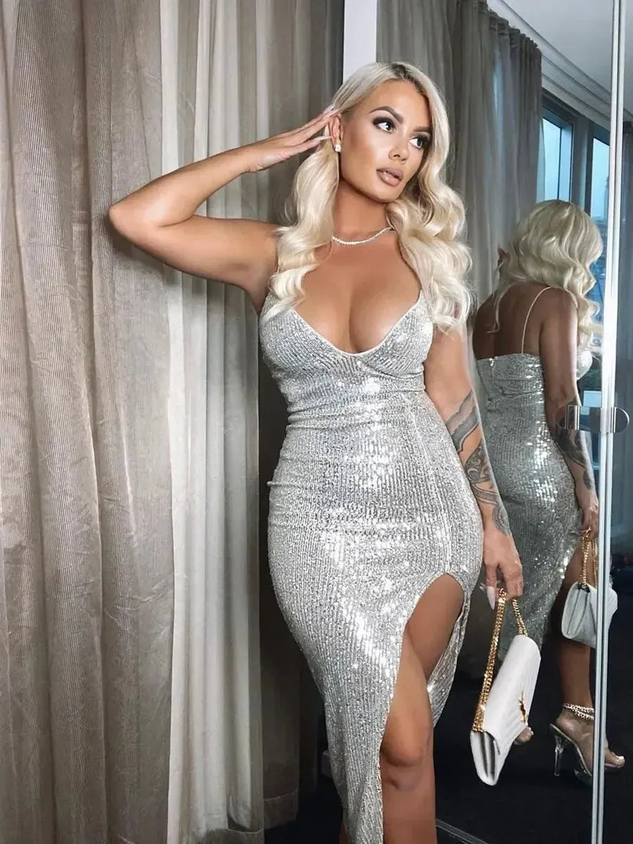 Women's Sexy Evening Party Sequined Glitter Silver Deep V-neck Thin Spaghetti Straps High Split Bodycon Long Dress - Shop & Buy