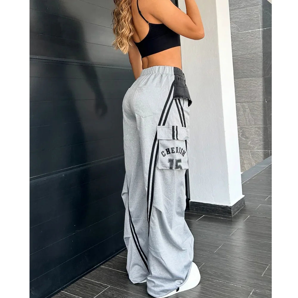 Fashionable Women Denim Patchwork Side Pocket Patchwork Loose Trousers Splicing Sweatpants Wide Leg Straight Hip Hop Pants