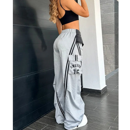 Fashionable Women Denim Patchwork Side Pocket Patchwork Loose Trousers Splicing Sweatpants Wide Leg Straight Hip Hop Pants