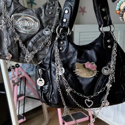 Y2k Hello Kitty Shoulder Bag for Women Gothic Chains Black Motorcycle Handbag - Shop & Buy