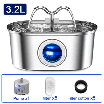 108oz/3.2L Cat Water Fountain, Stainless Steel Pets Cat Water Dispenser with LED Light Silent Pump Automatic Fountain for Cat Dog