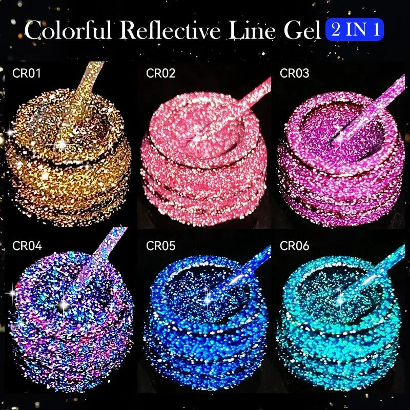 6Pcs/Set Reflective Colorful Liner Gel Nail Polish Kit Sparkling Glitter Flower Drawing Painting Stripe Pull Line Gel - Shop & Buy