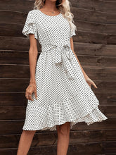 Load image into Gallery viewer, Plus Size Dress Polka Print Casual Women&#39;s Clothing For Dress Elegant Petal Short Sleeves Tie Waist Crew Neck Dresses
