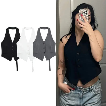 Off Shoulder Vests For Women Backless Halter Neck Sleeveless Vest Woman Summer Vest V Neck Black White Grey Waistcoat Women