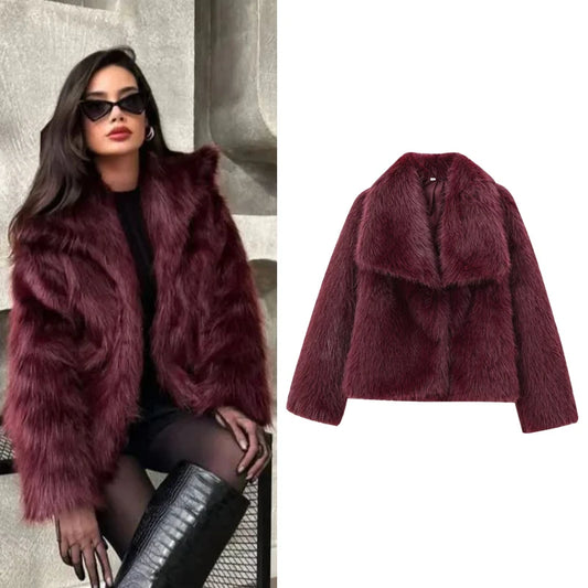 Women's Fur Coat Women Plush Burgundy Bomber Jacket Solid Crop Long Sleeve Jacket Warm Winter Coats