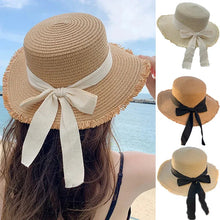 Load image into Gallery viewer, Women Fashion Straw Hat with Bow Ribbon Summer Anti-UV Sunshade Visors Seaside Vacation Beach Cap
