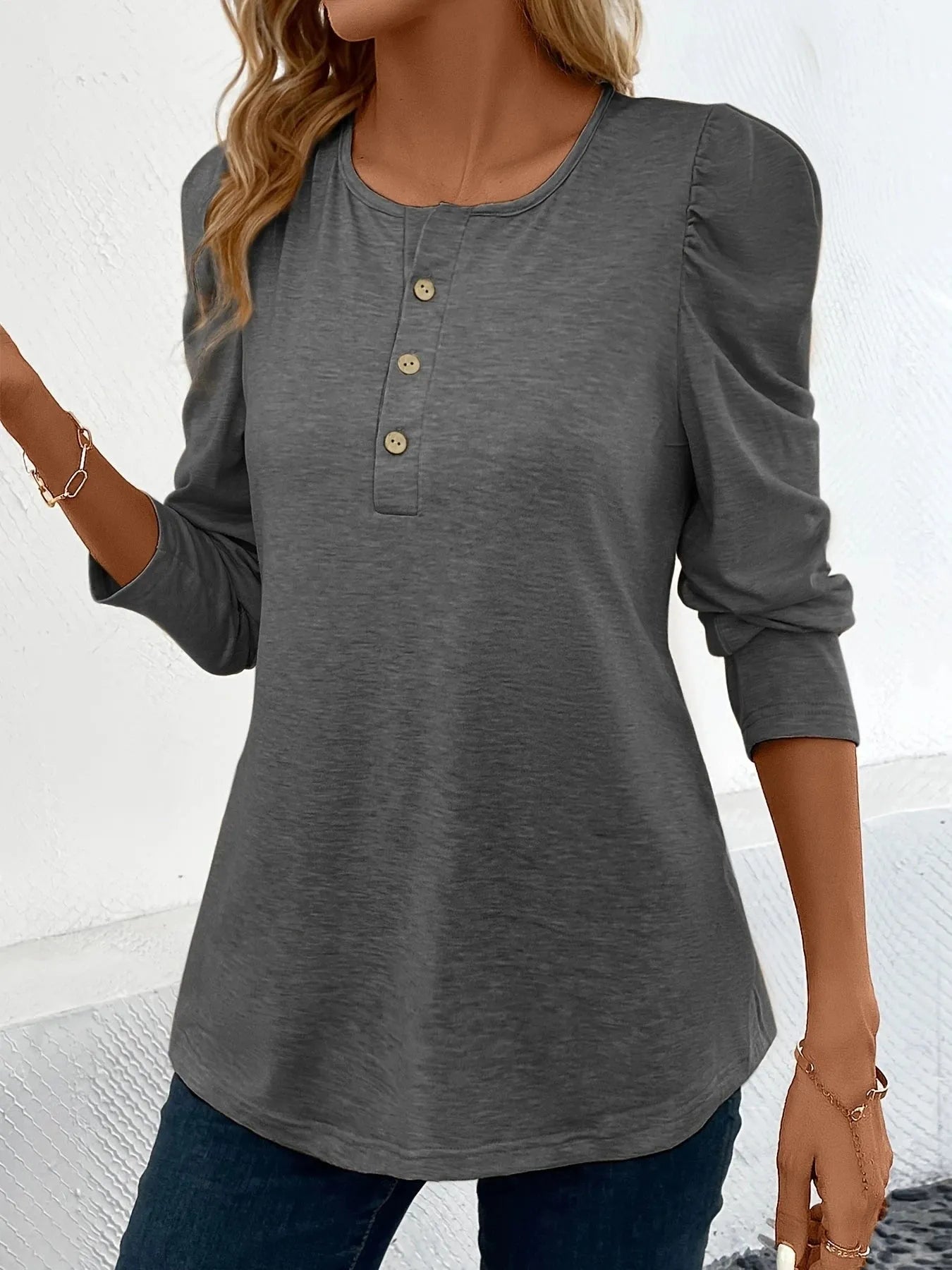 Women's fashionable solid color button pleated long sleeves - Shop & Buy