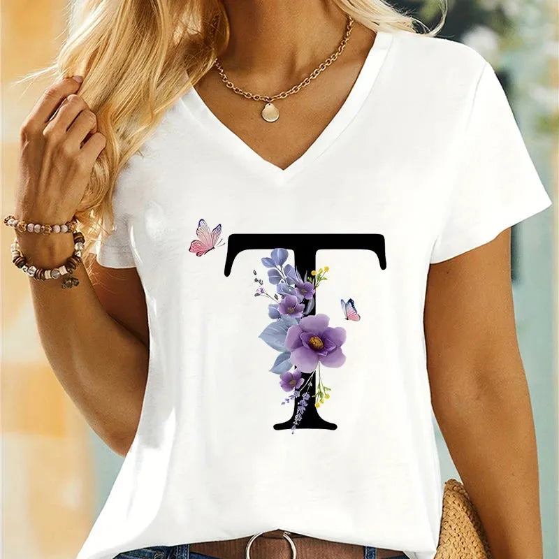 Women's Clothing A-Z 26 Alphabet Flower Premium Summer T-shirt - Shop & Buy