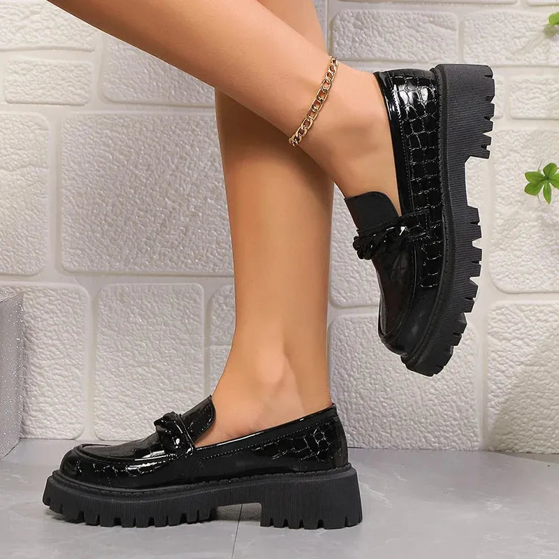 Women's Chain Decor Platform Loafers Fashion Black Patent Leather Dress Shoes Woman Comfortable Slip On Flat Shoes - Shop & Buy