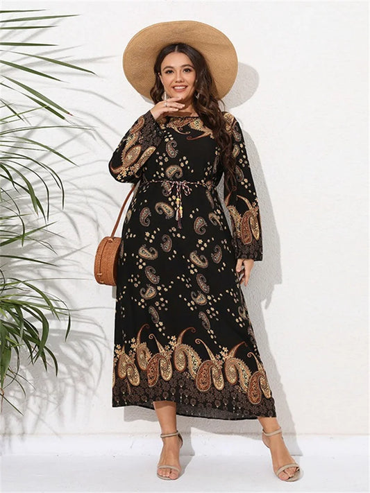 Plus Size Dresses for Women O Neck Elegant Lady Print Loose Casual Long Sleeve Fall Maxi Dress