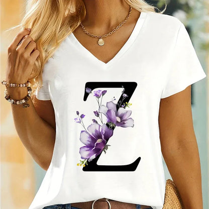 Women's Clothing A-Z 26 Alphabet Flower Premium Summer T-shirt - Shop & Buy