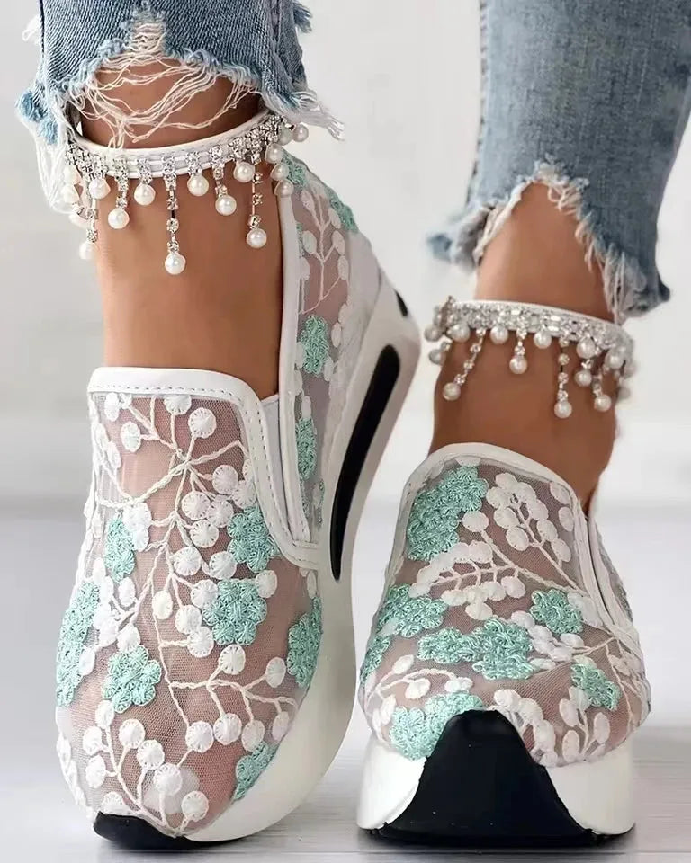 Women's Sneakers Floral Embroidery Mesh Sneakers for Women Slip on Casual Comfy Heeled Shoes - Shop & Buy