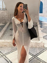 Load image into Gallery viewer, Women Sexy Hollow Out Mesh Sheer Split Dress Fashion Long Flare Sleeve V Neck Beach Dresses
