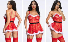 Load image into Gallery viewer, Christmas Eve Baby doll Floral Lace Sleepwear Garter Belts Erotic Lingerie Sexy Nightgowns Women&#39;s Pajamas Set
