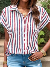 Load image into Gallery viewer, Plus Size Casual Blouse, Women&#39;s Plus Stripe Print Button Up Short Sleeve Turn Down Collar Shirt
