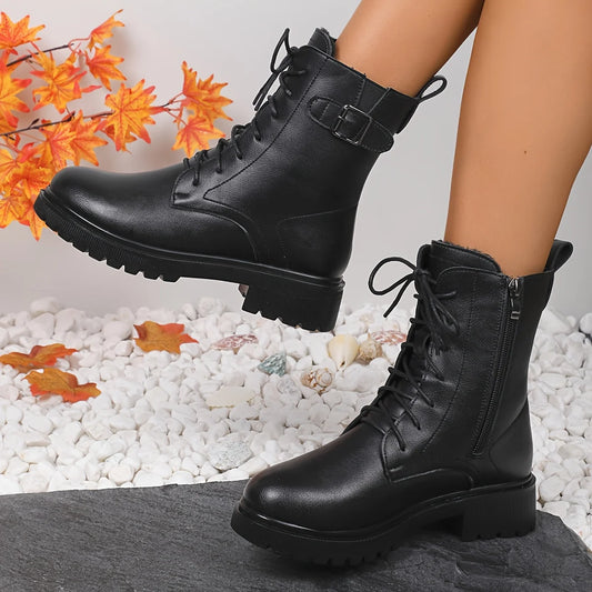 Women's Black Platform Ankle Boots Fashion Buckle Decor Lace Up Motorcycle Boots - Shop & Buy