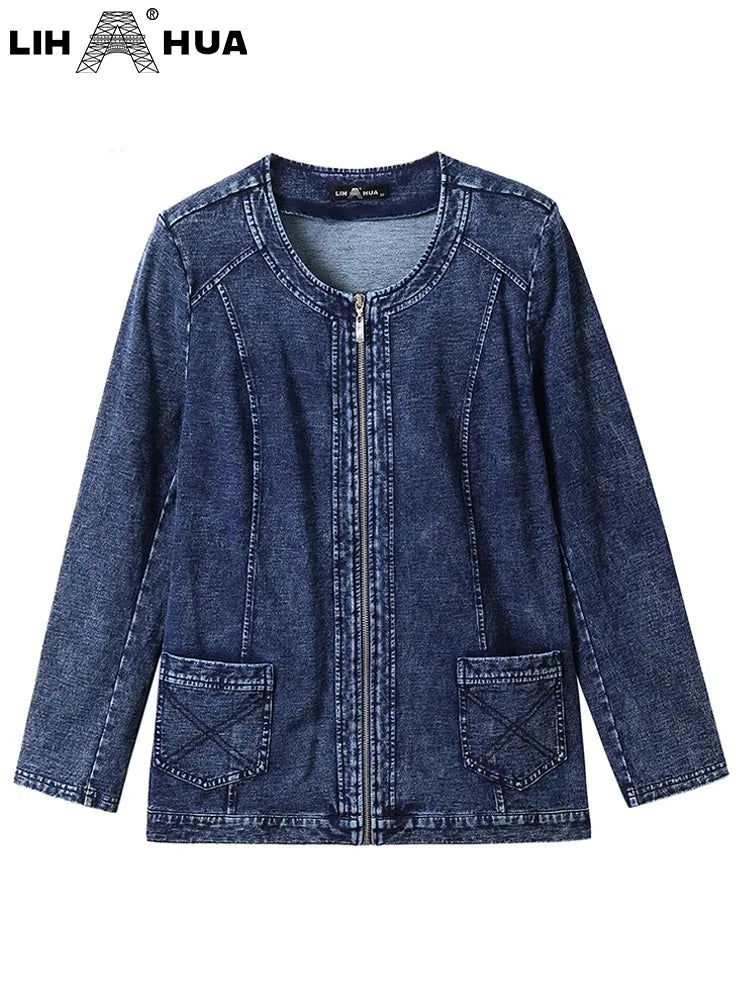 Women's Plus Size Denim Jacket Fall Casual Fashion Zipper Jacket High Stretch Cotton Knitted Denim - Shop & Buy