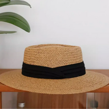 Load image into Gallery viewer, French Style Women Summer Sun Beach Flat Straw Hat Khkai Vacation Panama Straw Woven Small Top Hat White Ribbon
