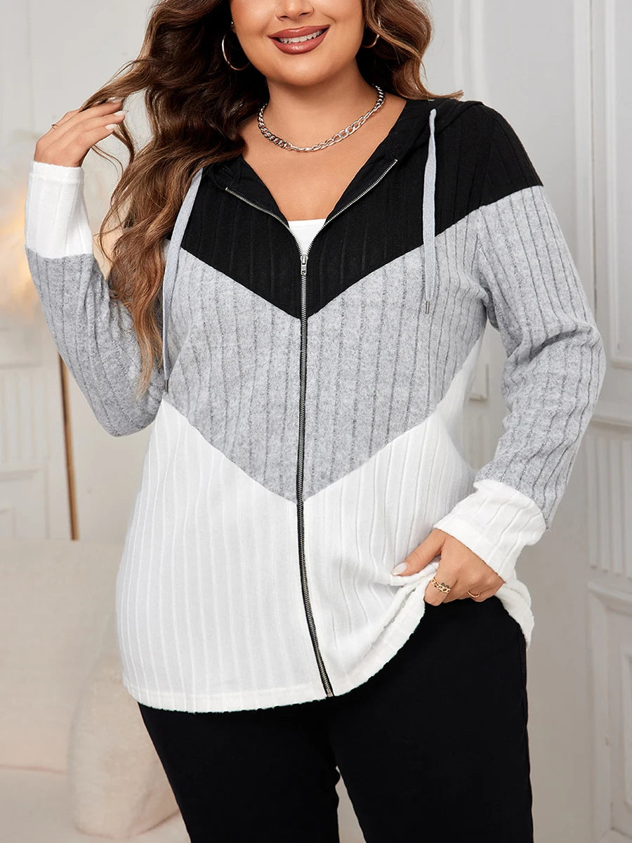 Women s Plus Size Hooded Cardigan Sweater with Zipper Closure and Ribbed Detailing for a Casual and Cozy Look