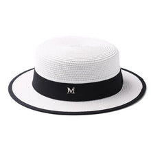 Load image into Gallery viewer, Summer outdoor M letter rhinestone flat brim sun hats Summer women&#39;s bowler hat Straw cap
