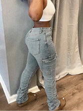 Load image into Gallery viewer, Plus Size Jeans High Waist Side Pocket Cargo Jeans Casual Denim Zipper Fly Skinny Pocket
