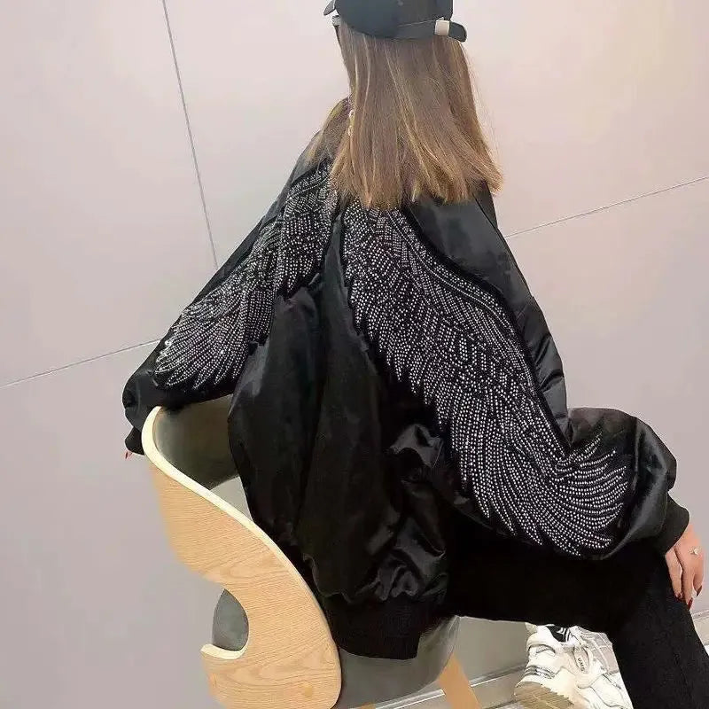 Women's Jacket Spring Autumn Loose Wings Hot Diamond Coat Black Hoodie Women Clothing - Shop & Buy