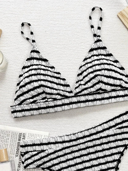 Women's Bikini Set Black White Stripe Print V-neck Suspender Backless 2-piece Swimsuit - Shop & Buy