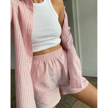 Load image into Gallery viewer, Women&#39;s Pajamas Set Home Clothes Sleepwear Loung Wear Stripe Long Sleeve Shirt Tops and Loose High Waisted Mini Shorts
