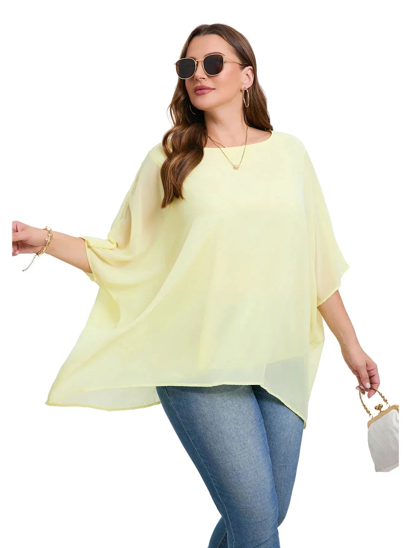 Womens Plus Size Elegant Summer Blouse Batwing Sleeve Oversized Chiffon Blouse Scoop Neck Large Size - Shop & Buy