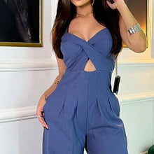 Load image into Gallery viewer, Women Jumpsuit Summer Fashion Suspender Solid V Neck Nipped Waist  Sleeveless Hollow Slim Pleated With Pocket Romper
